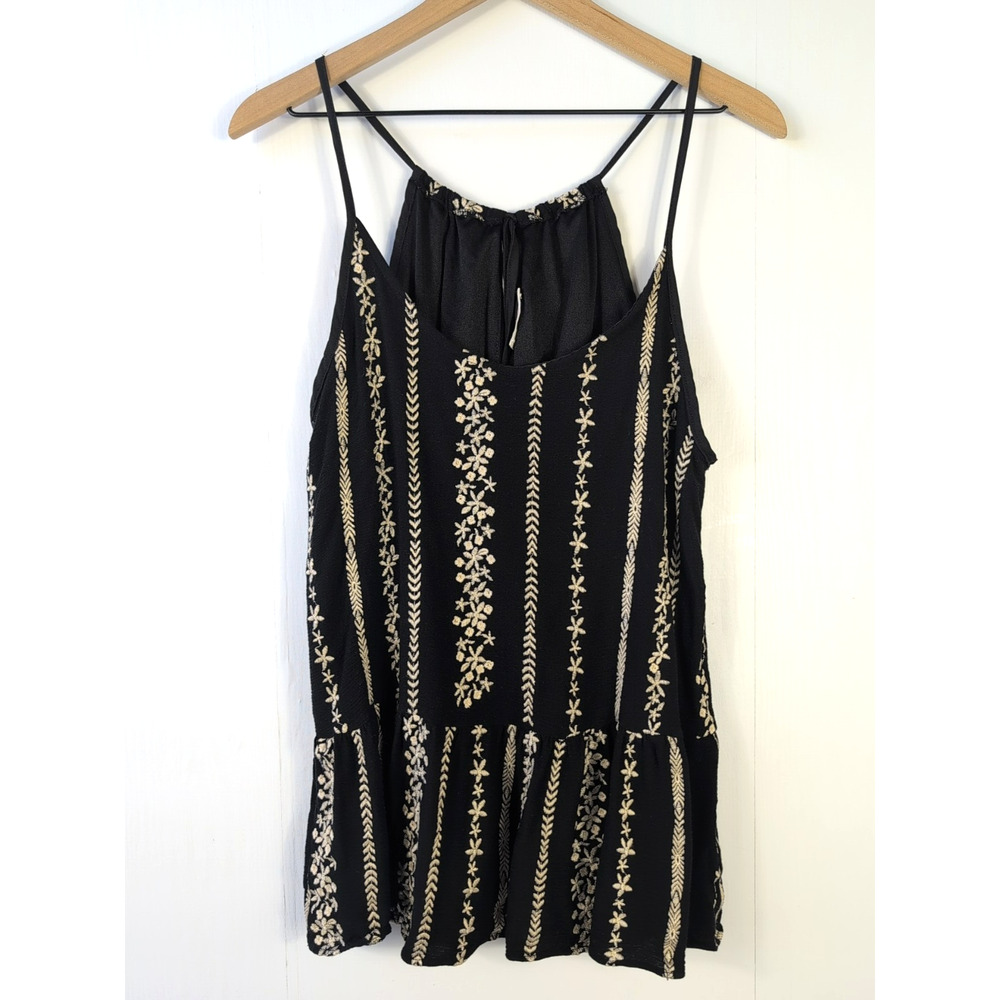 Boho Black Embroidered Peplum Tank Top Women’s M Sleeveless Festival Floral